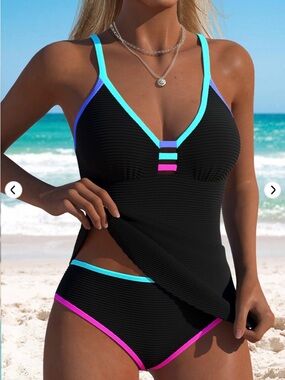 Black Tankini Swim Set with Blue and Pink Trim